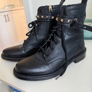 Valentino Black Leather Studded Lace-Up Combat Boots 38